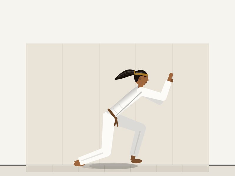 Illustration of a grappler in a gi and belt, in a low stance on the mat